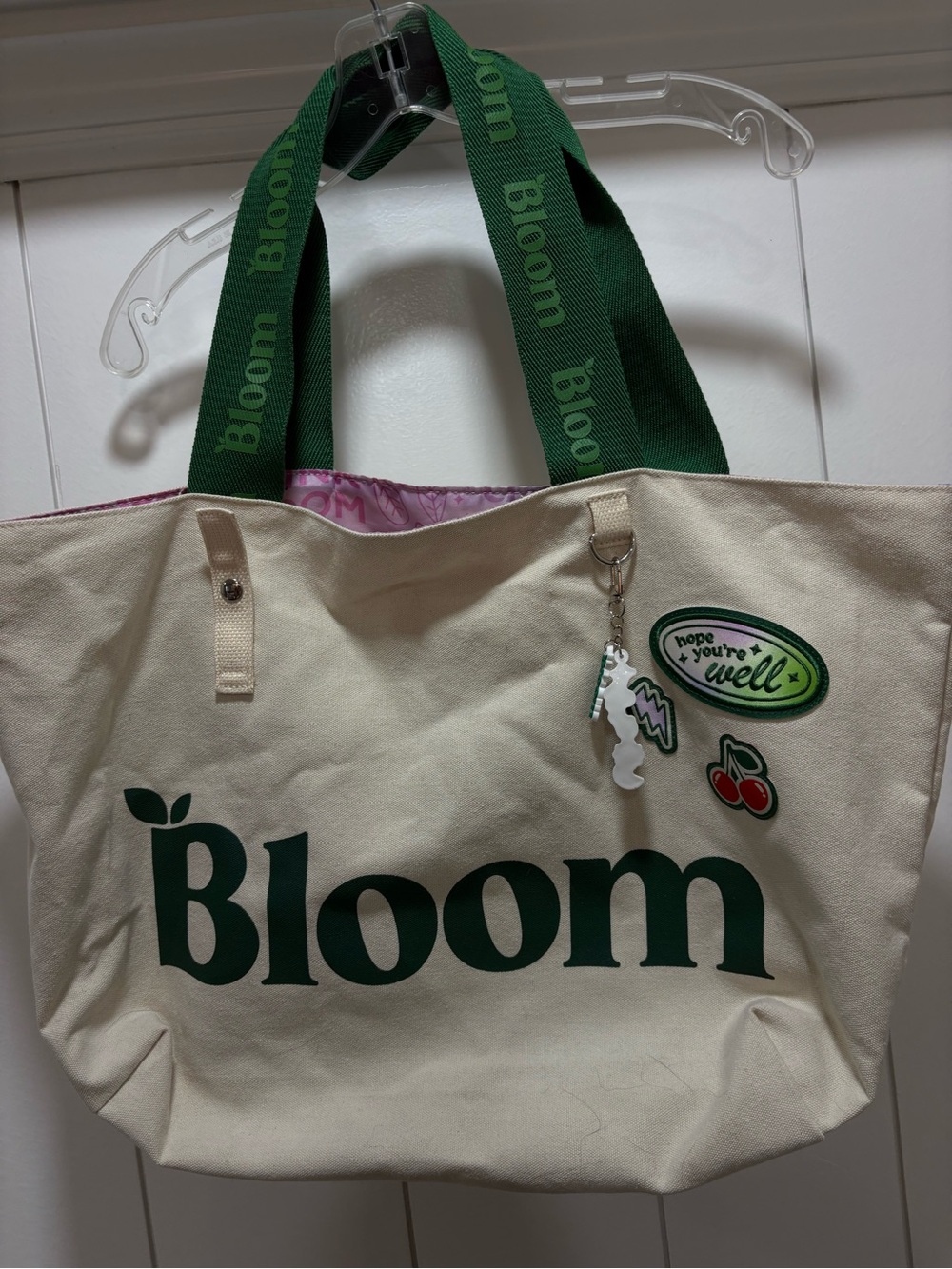 Bloom promotional canvas tote bag with charms NWOT
